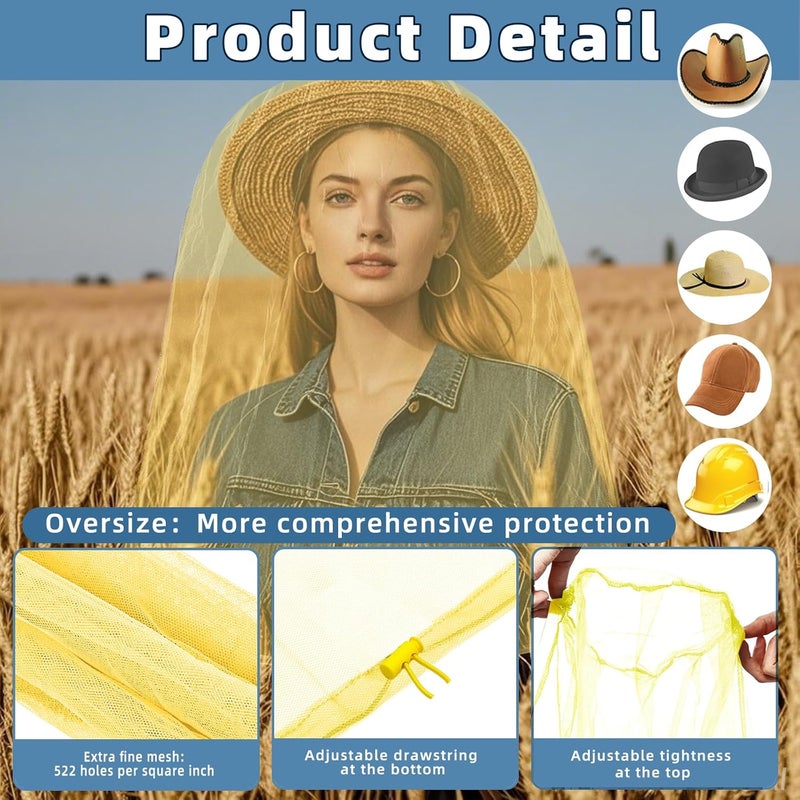 JayruiMice 2 Pack Ultra Large Mosquito Net 42x25 Inches Mosquito Head Net Oversized Insect Netting Bug Fits Most Hats for Gardening Hiking Fishing Traveling(Yellow) - Image 3